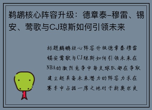 鹈鹕核心阵容升级：德章泰-穆雷、锡安、莺歌与CJ琼斯如何引领未来